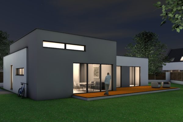 Bungalow in Massivbauweise Flachdach Nachtansicht
